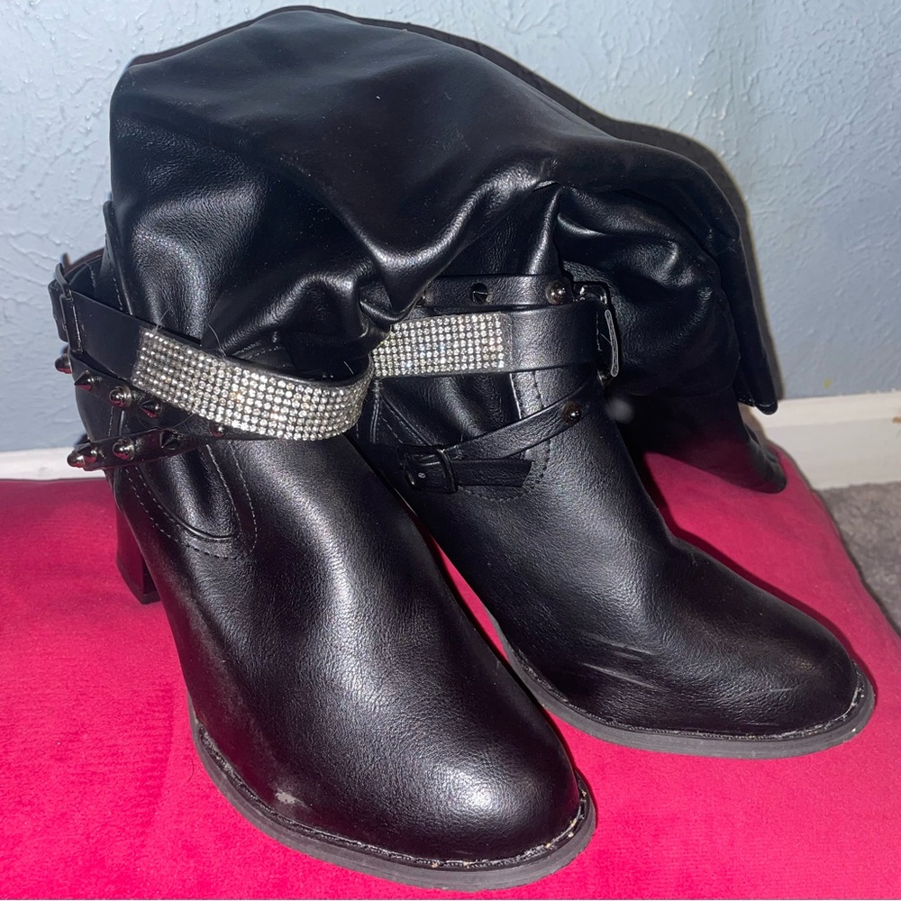 Black Rhinestone Spiked Studded Women's Kneehigh Boots
